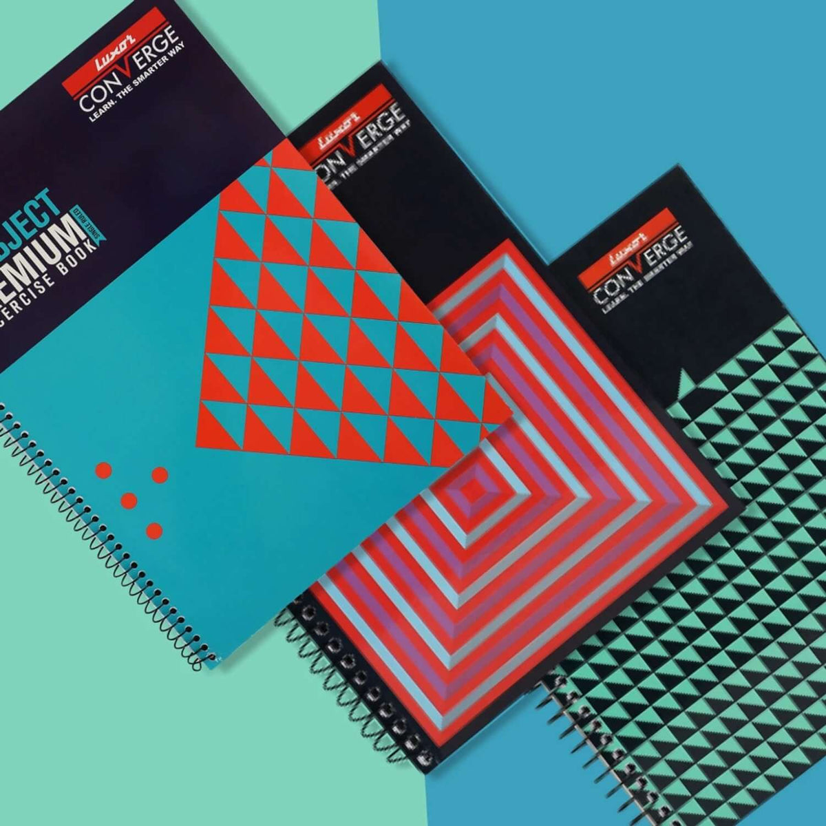 Luxor Premium 5 Subject Note Book | Size - 18cm x 24cm | Pack of 3 showcasing colorful covers and spiral binding.
