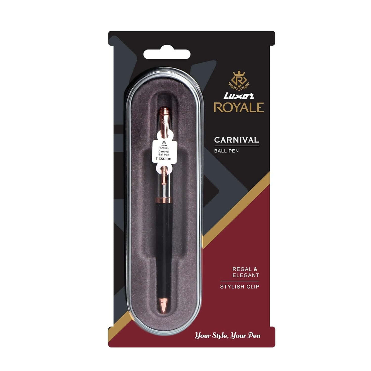 Luxor Royale Carnival Laq Black Ball Pen | Ink Colour - Blue in elegant packaging with rose gold trim.