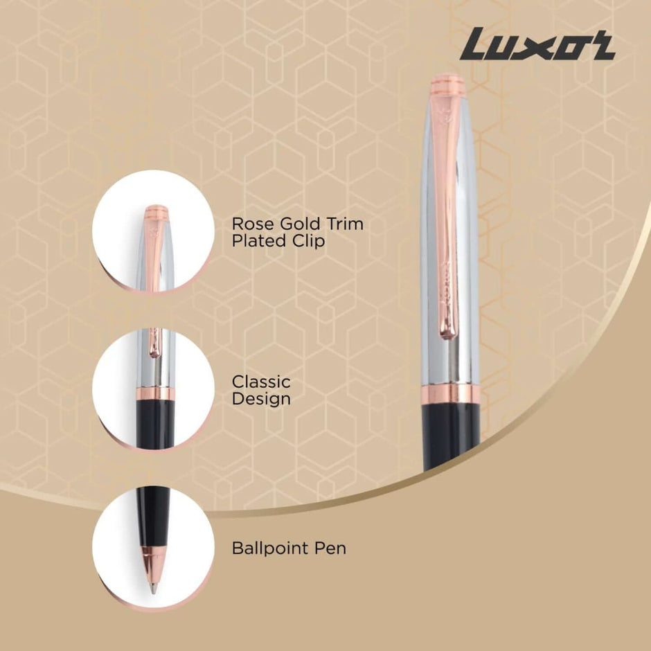 Luxor Royale Carnival Laq Black Ball Pen | Ink Colour - Blue with rose gold trim and classic design.