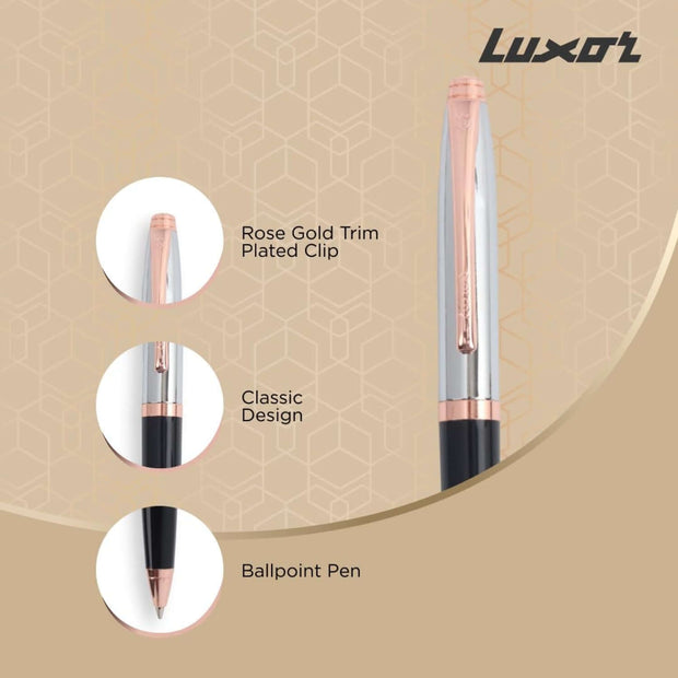Luxor Royale Carnival Laq Black Ball Pen | Ink Colour - Blue with rose gold trim and classic design.