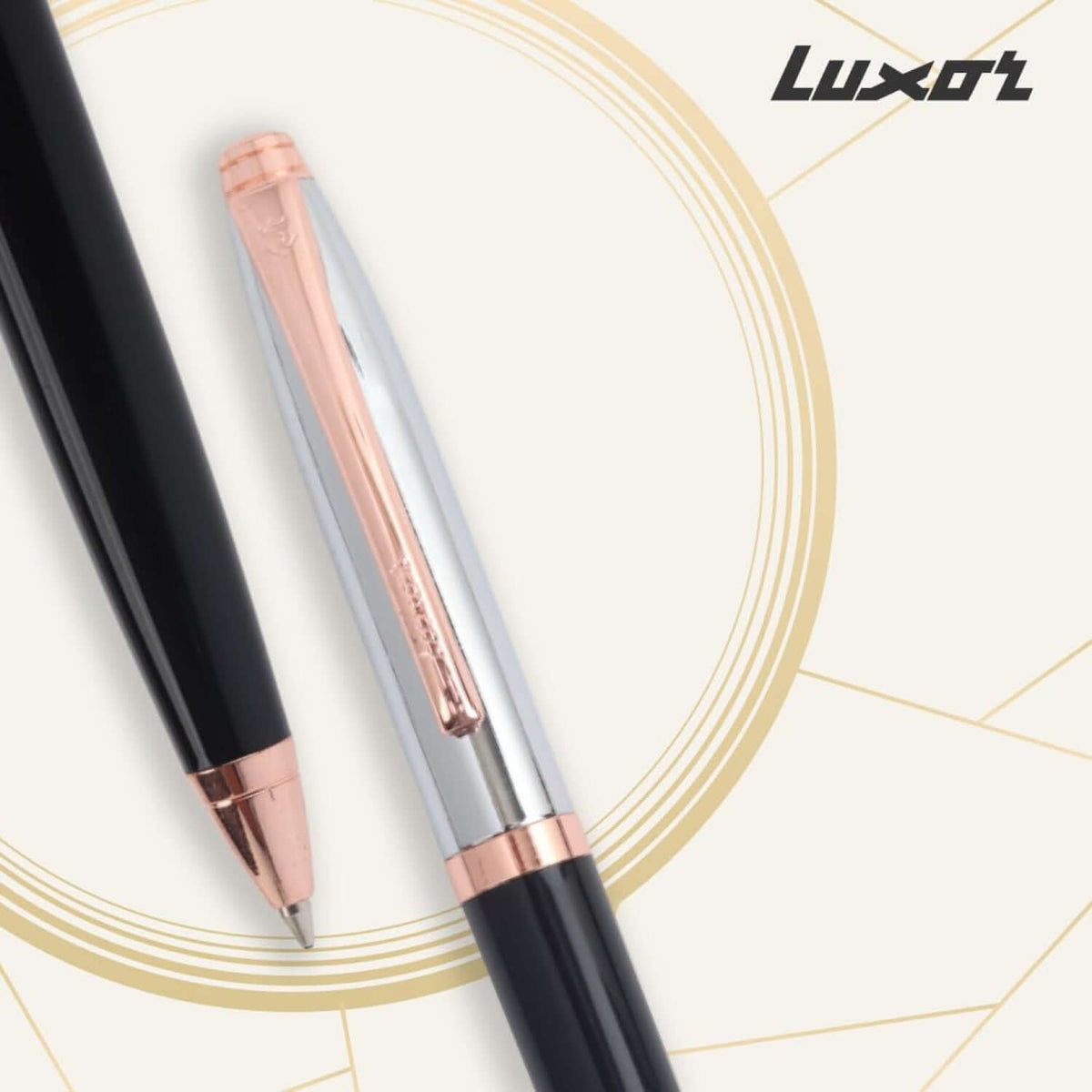 Luxor Royale Carnival Laq Black Ball Pen | Ink Colour - Blue showcasing its elegant black and rose gold design