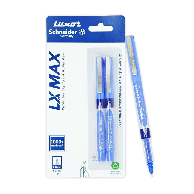 Luxor Schneider LX-MAX Roller Ball Pen | Pack of 2 | Ink Colour - Blue with needle-tip design and packaging.