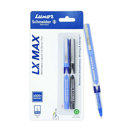 Luxor Schneider LX-MAX Roller Ball Pen | Pack of 2 | Ink Colour - Blue and Black