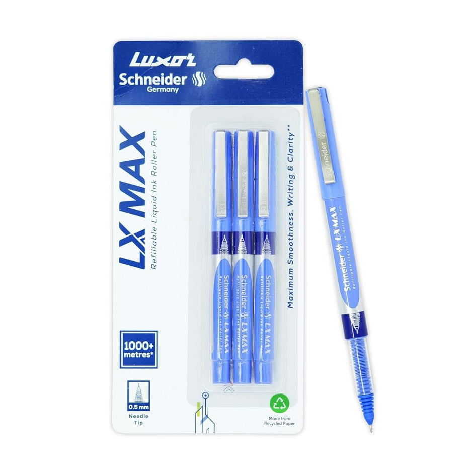 Luxor Schneider LX-MAX Roller Ball Pen | Pack of 3 | Ink Colour - Blue with fine tip and smooth writing.