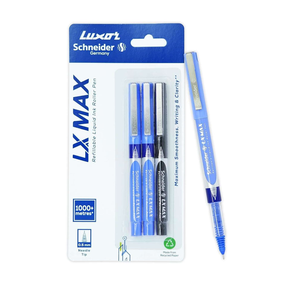 Luxor Schneider LX-MAX Roller Ball Pen | Pack of 3 | Ink Colour - Blue and Black