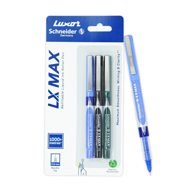 Luxor Schneider LX-MAX Roller Ball Pen | Pack of 3 | Ink Colour - Blue, Black and Green
