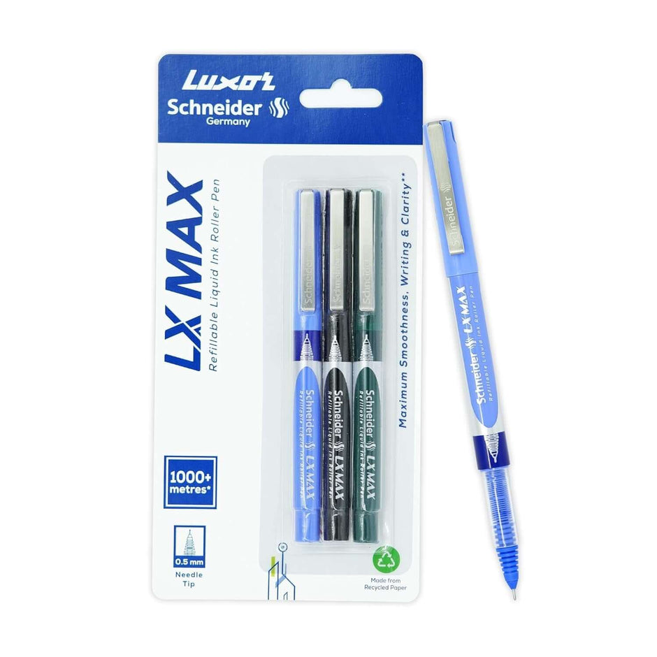 Luxor Schneider LX-MAX Roller Ball Pen | Pack of 3 | Ink Colour - Blue, Black and Green - fine tip pens
