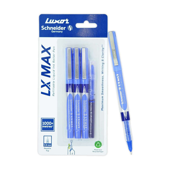 Luxor Schneider LX-MAX Roller Ball Pen | Pack of 4 | Ink Colour - 3 Blue with Refill in packaging
