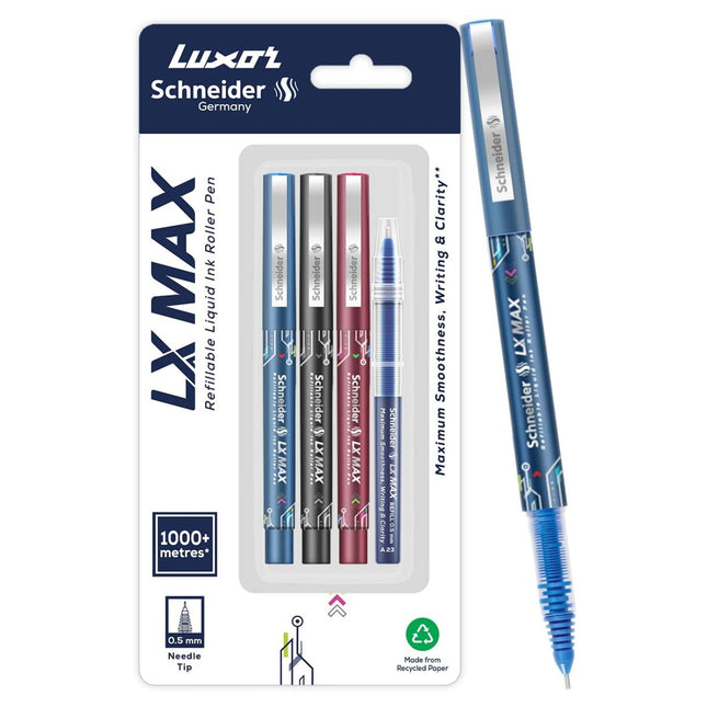 Luxor Schneider LX-MAX Roller Ball Pen | Pack of 4 | Ink Colour - Blue, Black, Red with Refill