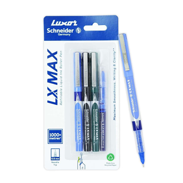 Luxor Schneider LX-MAX Roller Ball Pen | Pack of 4 | Ink Colour - Blue, Black, Green with Refill.