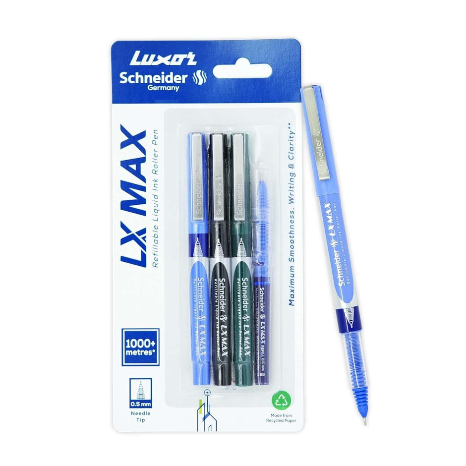 Luxor Schneider LX-MAX Roller Ball Pen | Pack of 4 | Ink Colour - Blue, Black, Green with Refill.