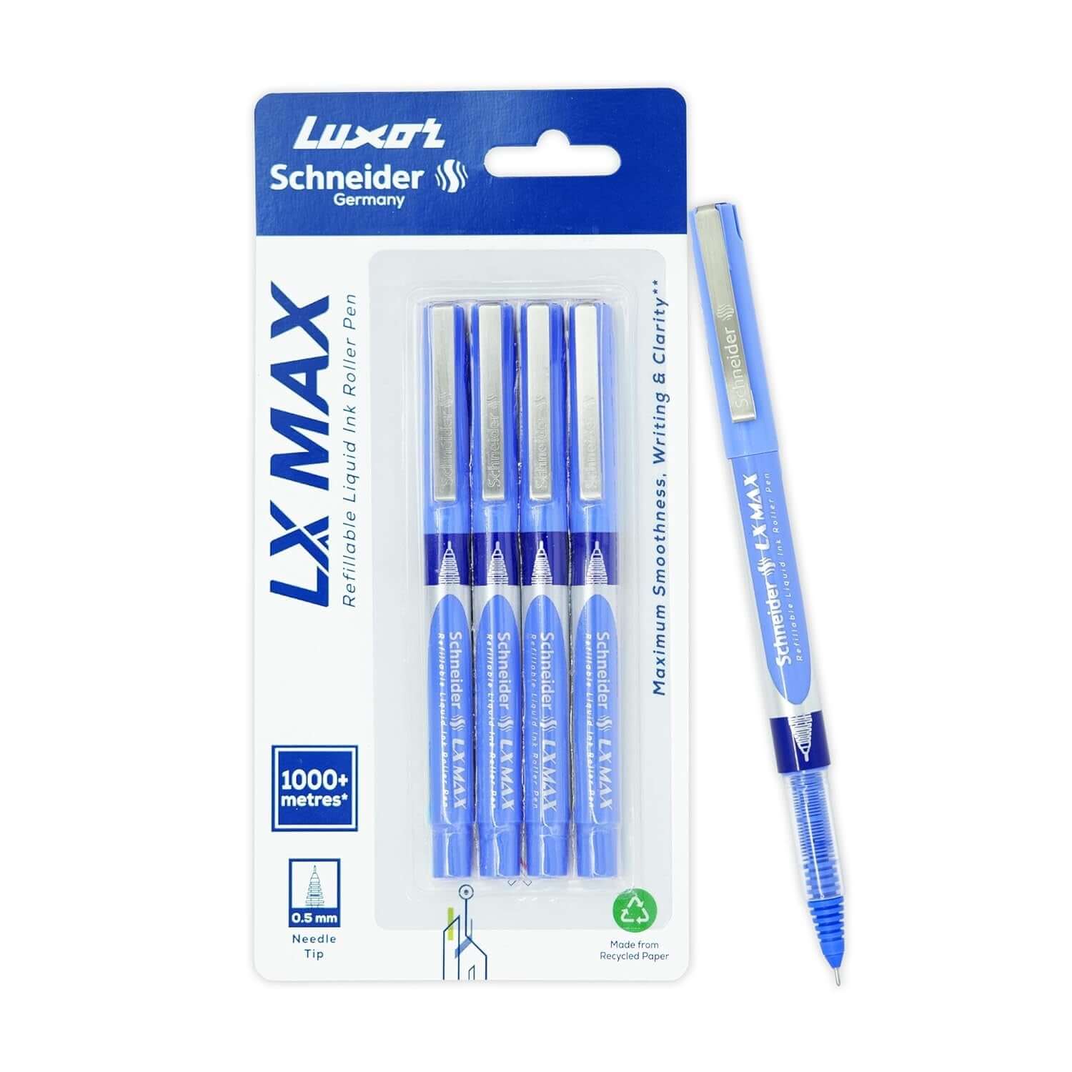 Luxor Schneider LX-MAX Roller Ball Pen | Pack of 4 | Ink Colour - Blue, featuring precision writing and waterproof ink.