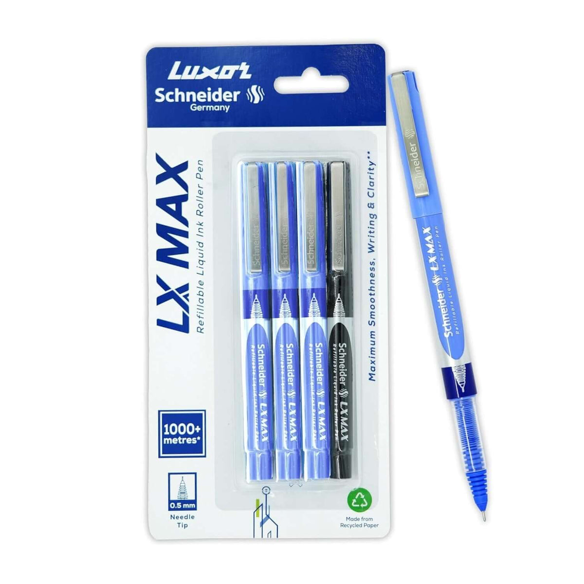 Luxor Schneider LX-MAX Roller Ball Pen | Pack of 4 | Ink Colour - Blue and Black, showcasing blue and black pens.
