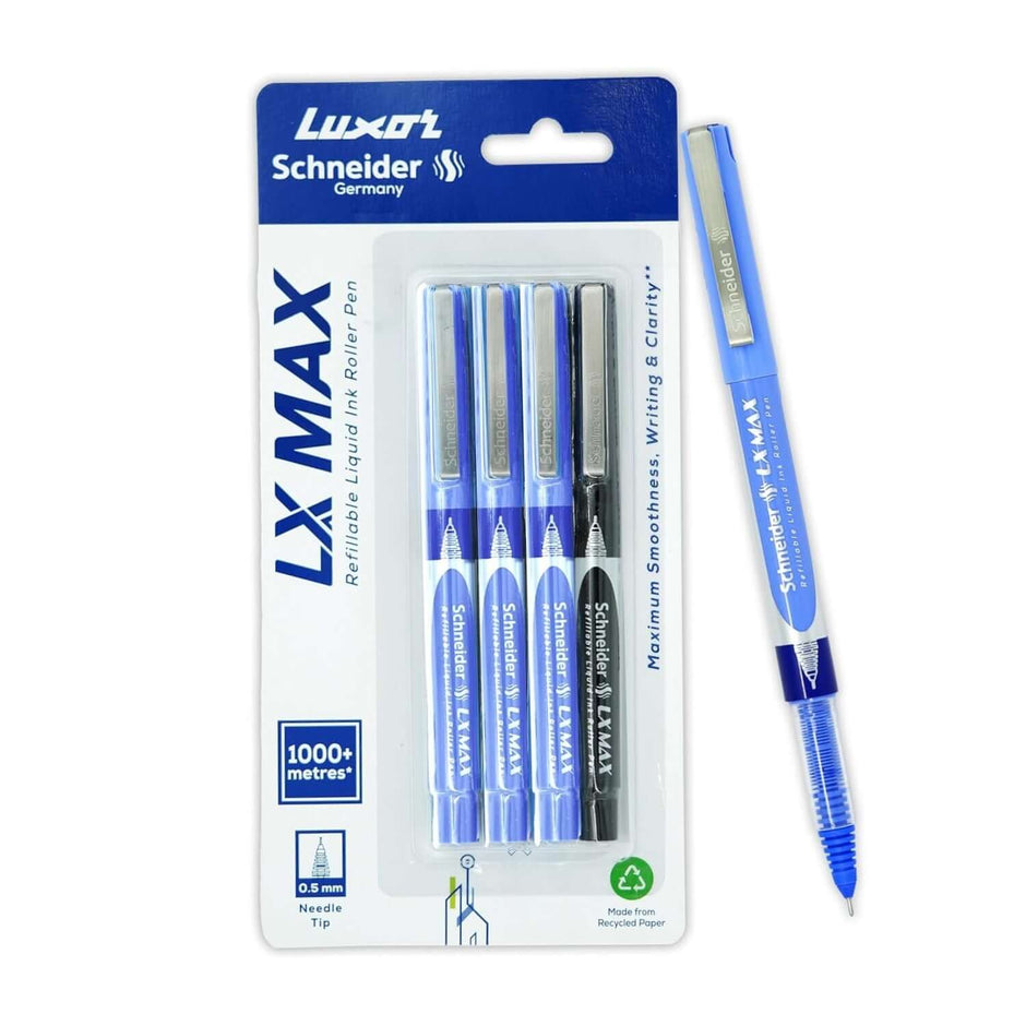 Luxor Schneider LX-MAX Roller Ball Pen | Pack of 4 | Ink Colour - Blue and Black, showcasing blue and black pens.