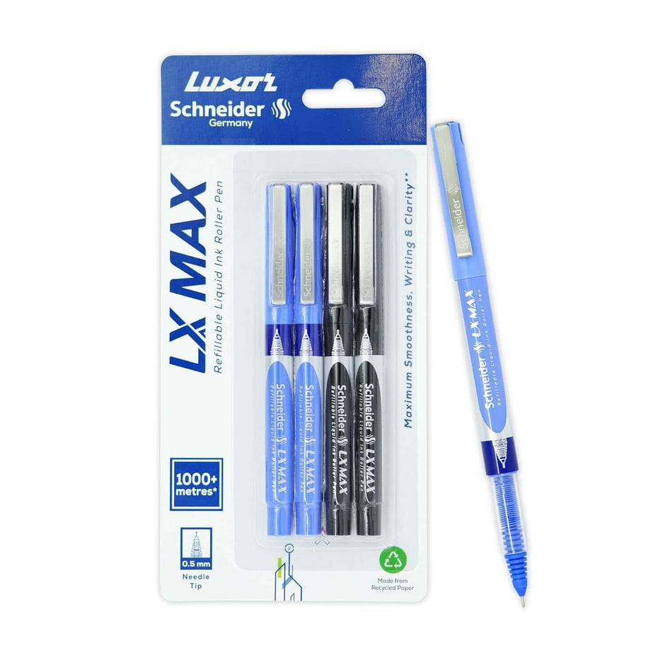 Luxor Schneider LX-MAX Roller Ball Pen | Pack of 4 | Ink Colour - Blue and Black - Premium writing pens.