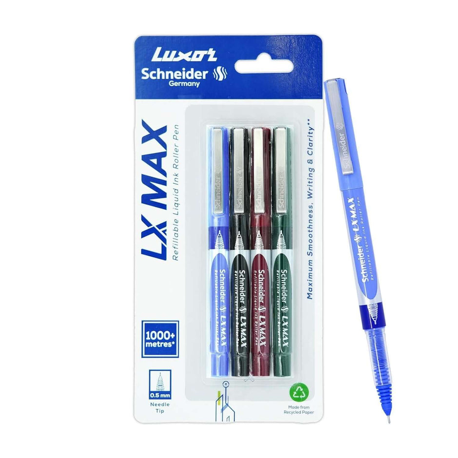 Luxor Schneider LX-MAX Roller Ball Pen | Pack of 4 | Ink Colour - Blue, Black, Red and Green