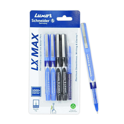 Luxor Schneider LX-MAX Roller Ball Pen | Pack of 5 | Ink Colour - Blue, Black with Refill on display.