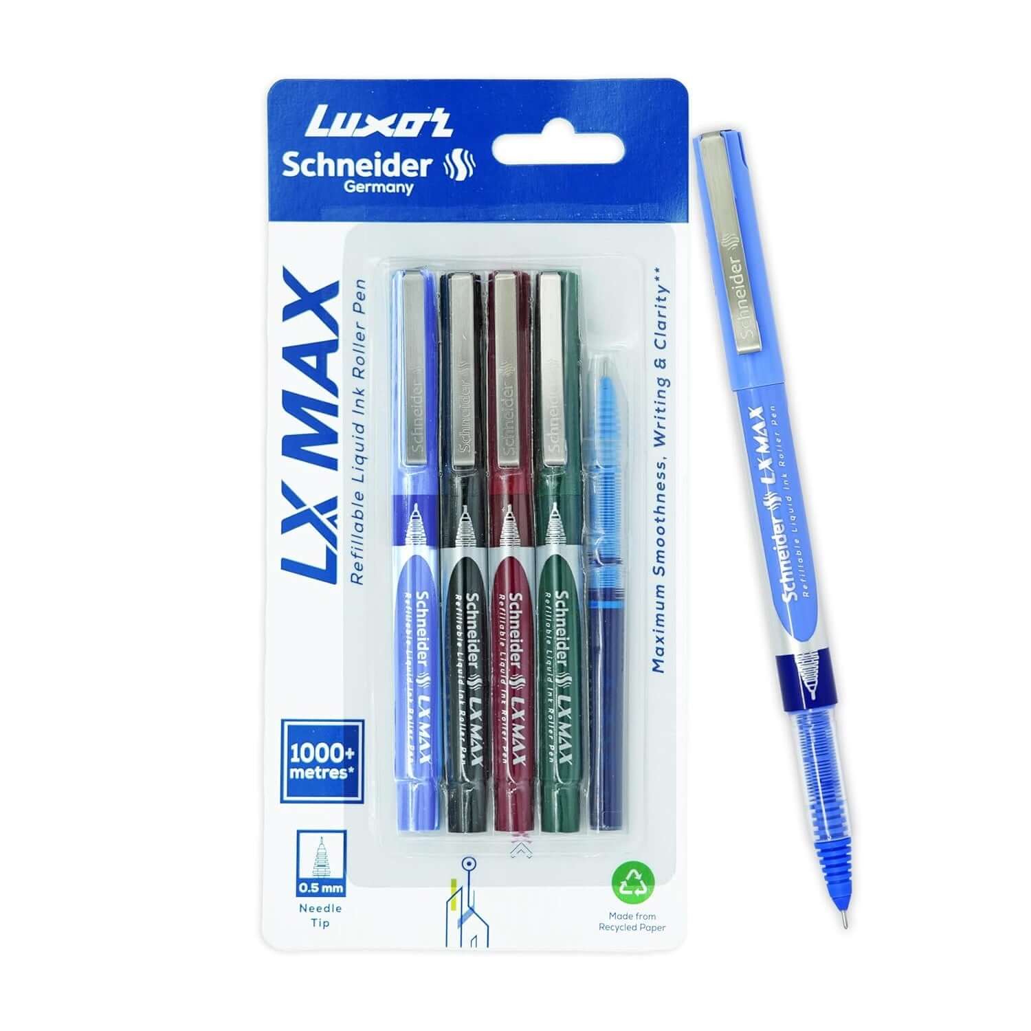 Luxor Schneider LX-MAX Roller Ball Pen | Pack of 5 | Ink Colour - Blue, Black, Red, Green with Refill