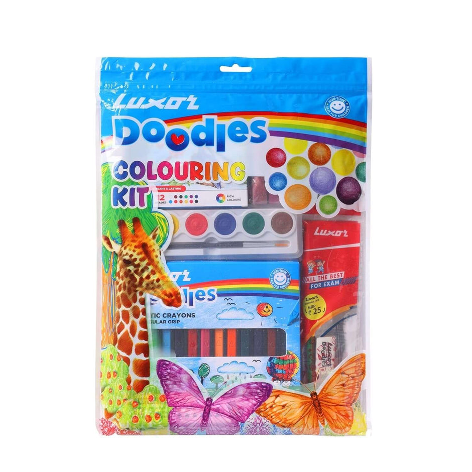 Luxor Doodles Colouring Kit | Stationery Kit of 7 Items with crayons, paints, and more for young artists.