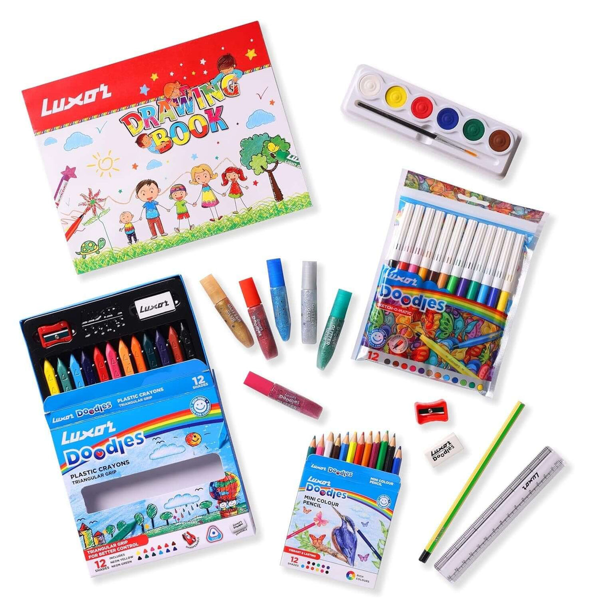 Luxor Doodles Colouring Kit | Stationery Kit of 7 Items featuring crayons, pastels, sketch pens, and a drawing book.