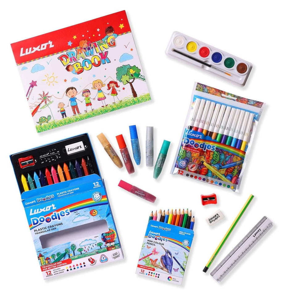 Luxor Doodles Colouring Kit | Stationery Kit of 7 Items featuring crayons, pastels, sketch pens, and a drawing book.