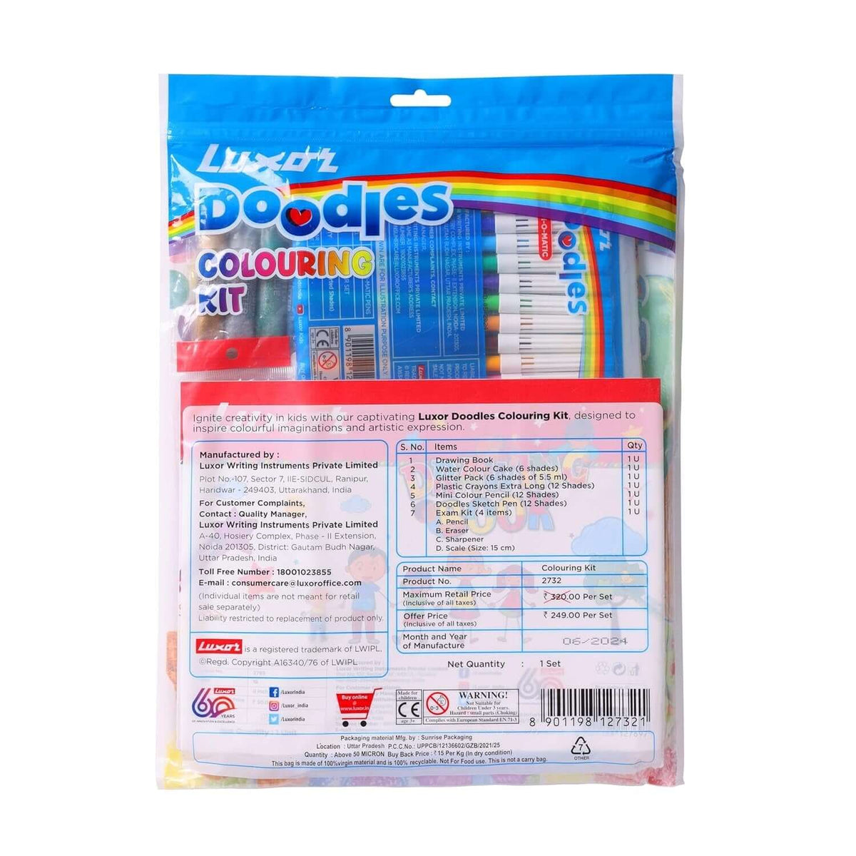 Luxor Doodles Colouring Kit | Stationery Kit of 7 Items with art supplies in a colorful packaging.