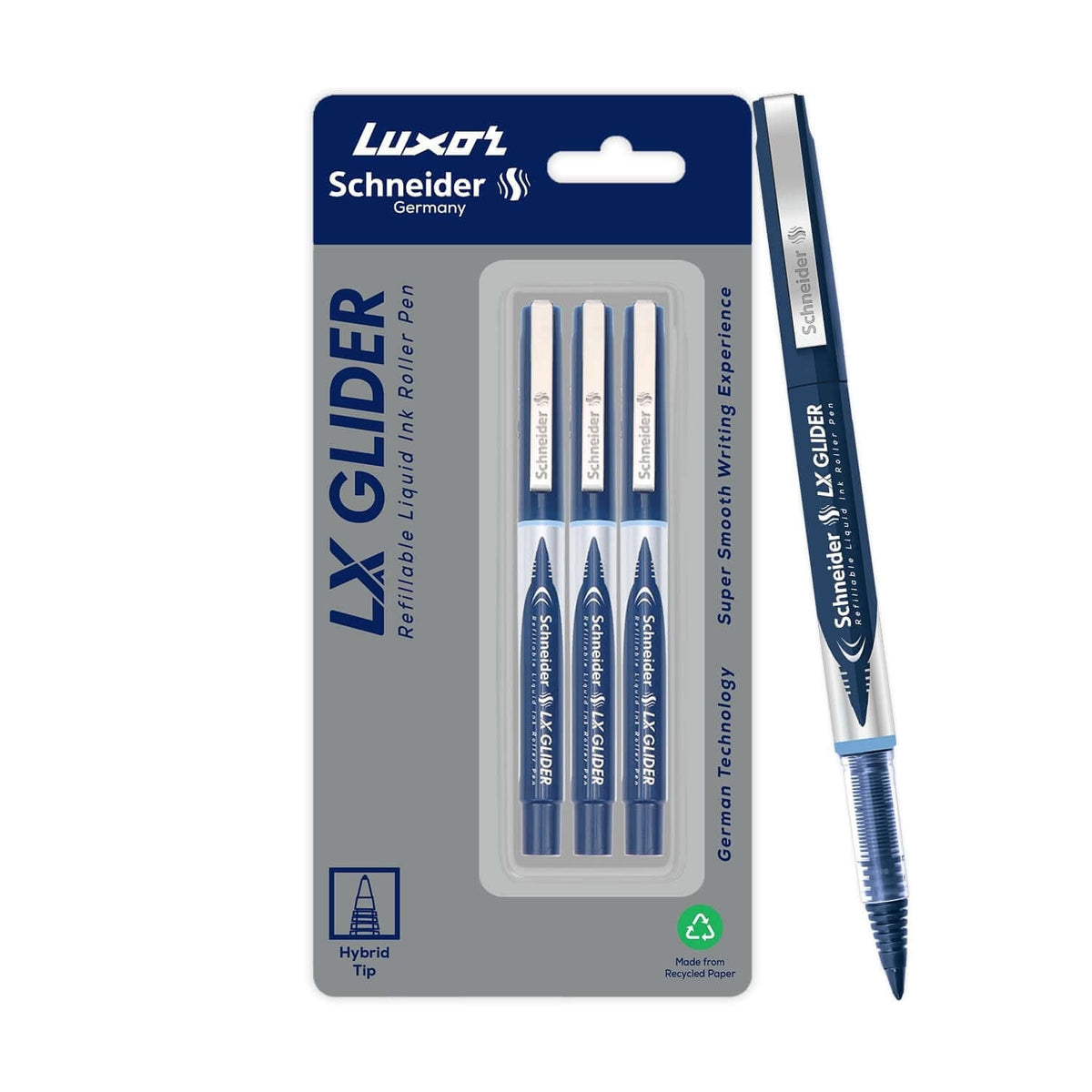 Luxor Schneider LX Glider Roller Ball Pen | Pack of 3 | Ink Colour - Blue, featuring hybrid tip technology and smooth writing experience.