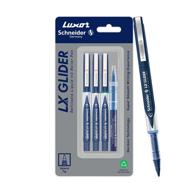 Luxor Schneider LX Glider Roller Ball Pen | Pack of 4 | Ink Colour - Blue, Black, Green with Refill - product packaging and pen.