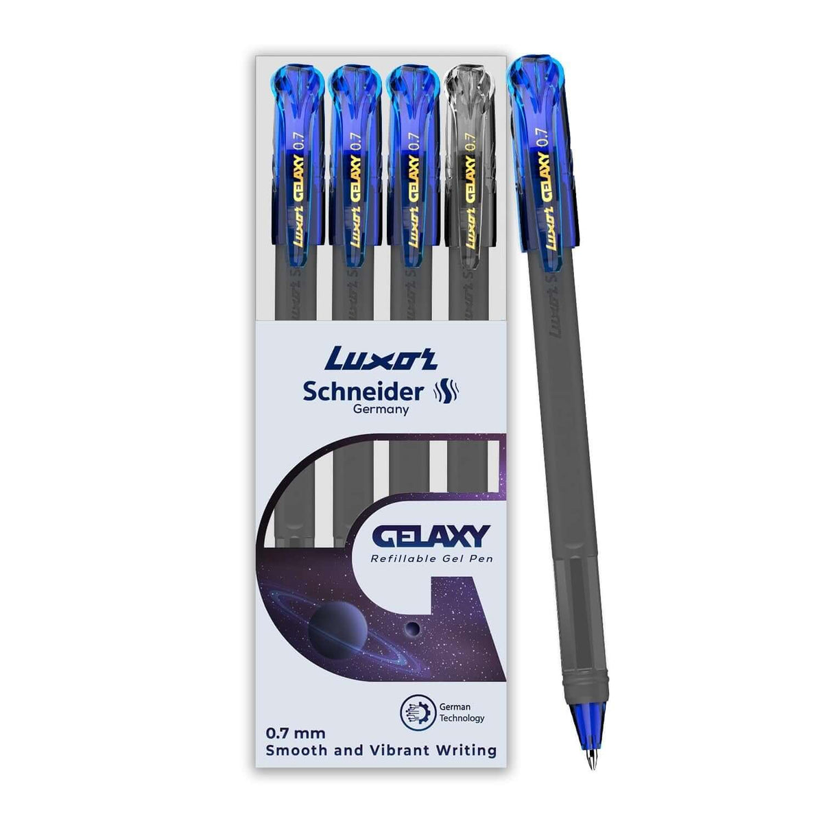 Luxor Schneider Gelaxy Gel Pen | Pack of 4 | Ink Colour - Blue and Black, featuring smooth writing and refillable design.
