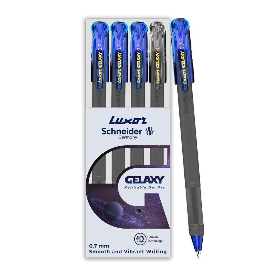 Luxor Schneider Gelaxy Gel Pen | Pack of 4 | Ink Colour - Blue and Black, featuring smooth writing and refillable design.