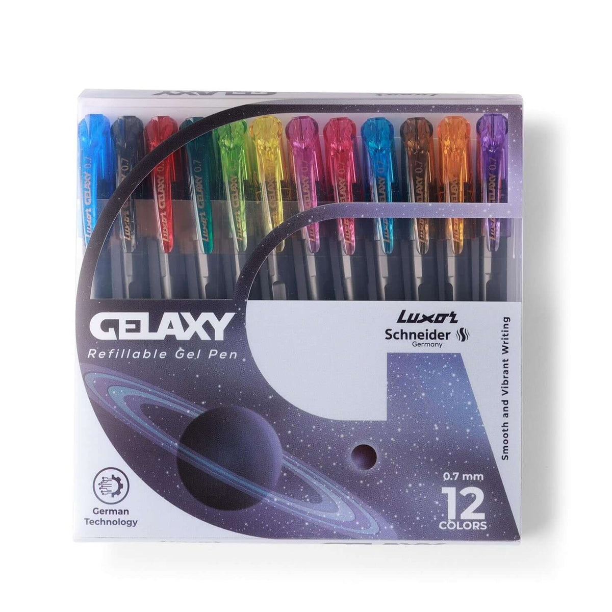 Luxor Schneider Gelaxy Gel Pen | Pack of 12 | Ink Colour - Assorted in a colorful pack showing assorted ink colors.