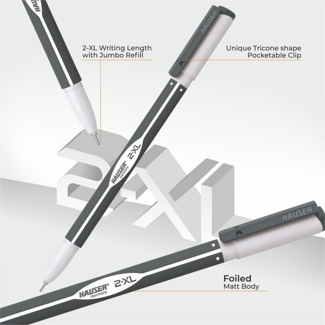 Hauser 2-XL Ball Pen | Ink Colour - Blue and Black showcasing unique tri-cone design and jumbo refill for extended writing.