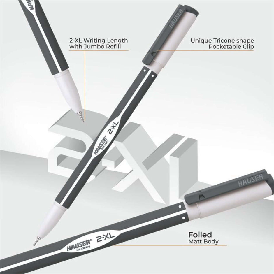 Hauser 2-XL Ball Pen | Ink Colour - Blue and Black showcasing unique tri-cone design and jumbo refill for extended writing.