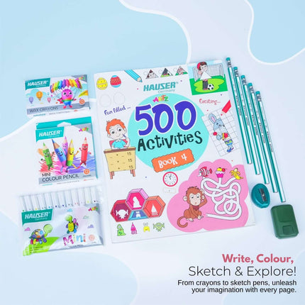 Hauser Artz 500 Activities Book Kit | Stationery Kit of 7 Assorted Items featuring crayons, colored pencils, and activity book.