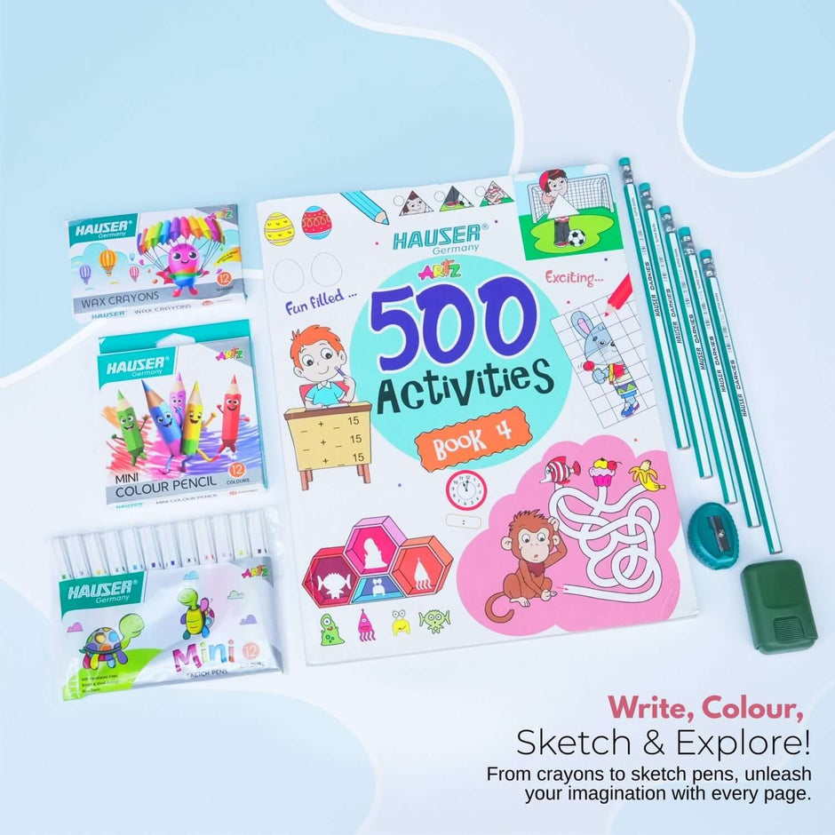 Hauser Artz 500 Activities Book Kit | Stationery Kit of 7 Assorted Items featuring crayons, colored pencils, and activity book.