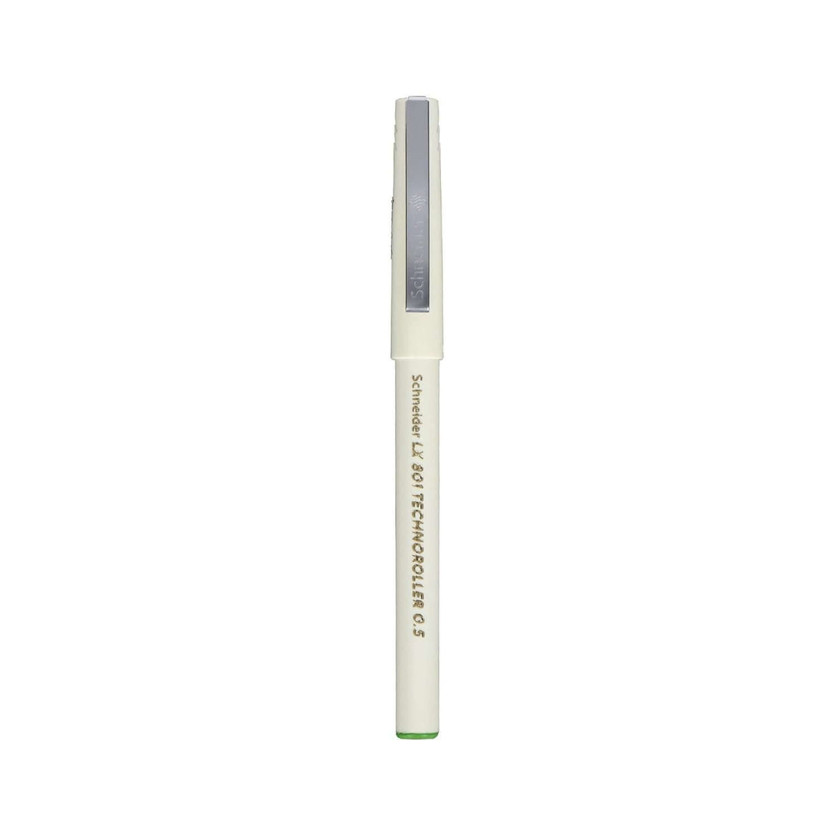 Luxor Schneider LX801 Technoroller Pen | Ink Colour - Blue, Black, Red and Green side view of the pen with a green tip.