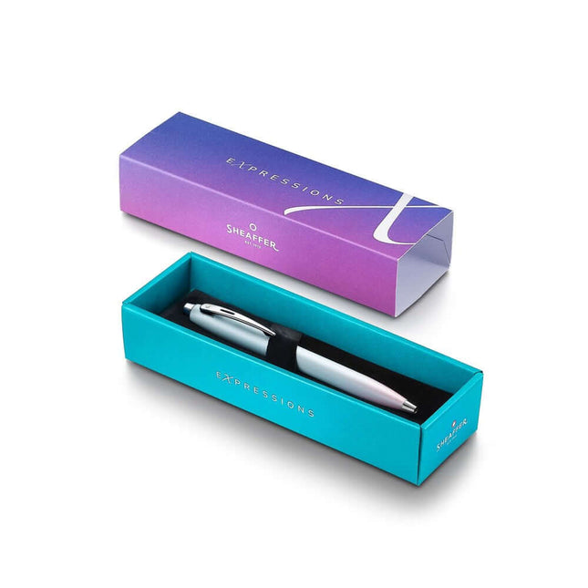 Sheaffer Expressions 100 9376 Blue and Pink Ball Pen in elegant packaging, showcasing its stylish design.