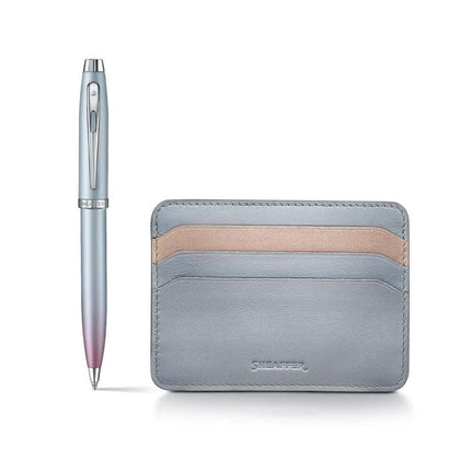 Sheaffer Expressions 100 blue and pink ballpoint pen with a leather credit card holder in dual-tone pastel design.