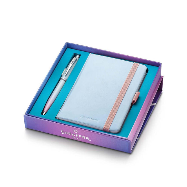 Sheaffer Expressions 100 blue and pink ball pen with small notebook in gift box display.