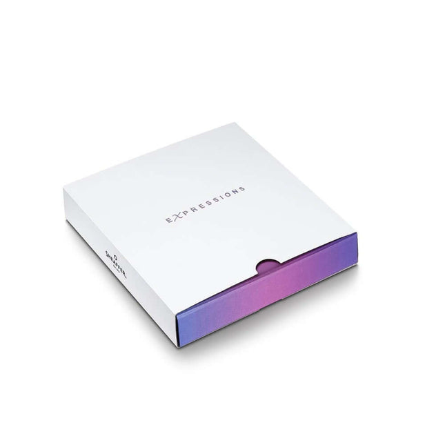 Sheaffer Expressions gift set box in white and purple design, showcasing stylish packaging.