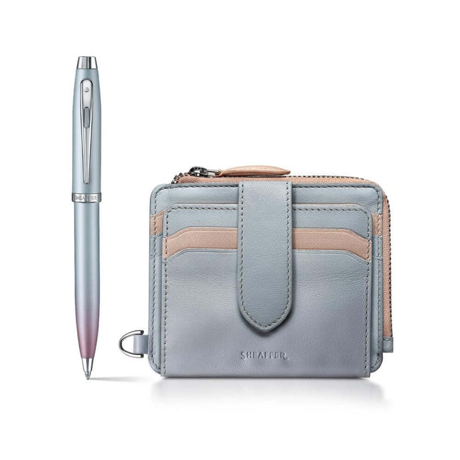 Sheaffer Expressions 100 Blue and Pink Ball Pen with Leather Wallet set featuring RFID protection.