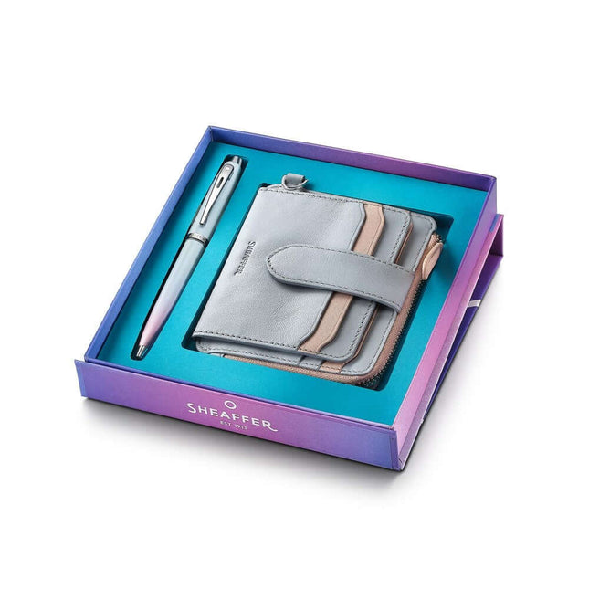 Sheaffer Expressions 100 blue and pink ballpoint pen with leather wallet in a gift box, elegant design and RFID protection.