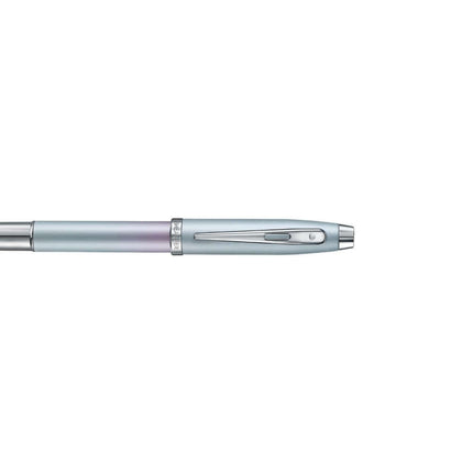 Sheaffer Expressions 100 9376 Blue and Pink Fountain Pen angled view showcasing pearlised finish and chrome trims.