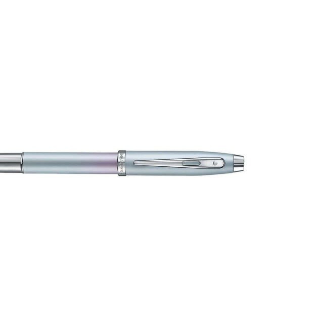 Sheaffer Expressions 100 9376 Blue and Pink Fountain Pen angled view showcasing pearlised finish and chrome trims.