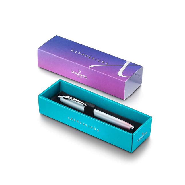 Sheaffer Expressions 100 fountain pen in premium turquoise gift box, showcasing elegant design and eco-friendly packaging.