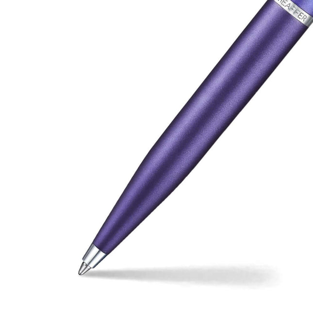 Sheaffer Expressions VFM 9430 purple ball pen showing a smooth tip and sleek design with chrome accents.
