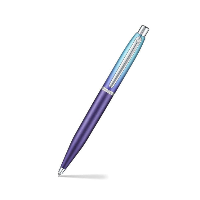 Sheaffer Expressions VFM 9430 blue and purple ballpoint pen with chrome trims, elegant design for smooth writing.
