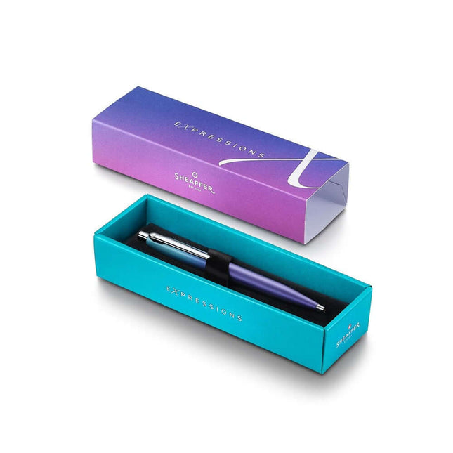Sheaffer Expressions VFM 9430 ball pen in premium gift box with blue and purple gradient design.