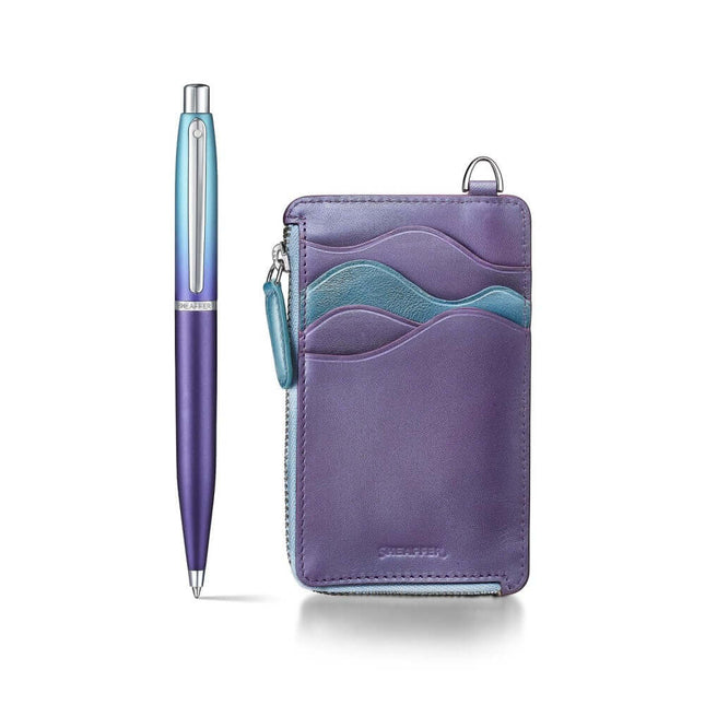 Sheaffer Expressions VFM 9430 blue and purple ball pen with leather card case on white background.