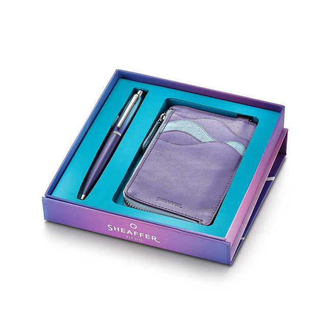 Sheaffer Expressions VFM 9430 blue and purple ballpoint pen with leather card case in gift box.